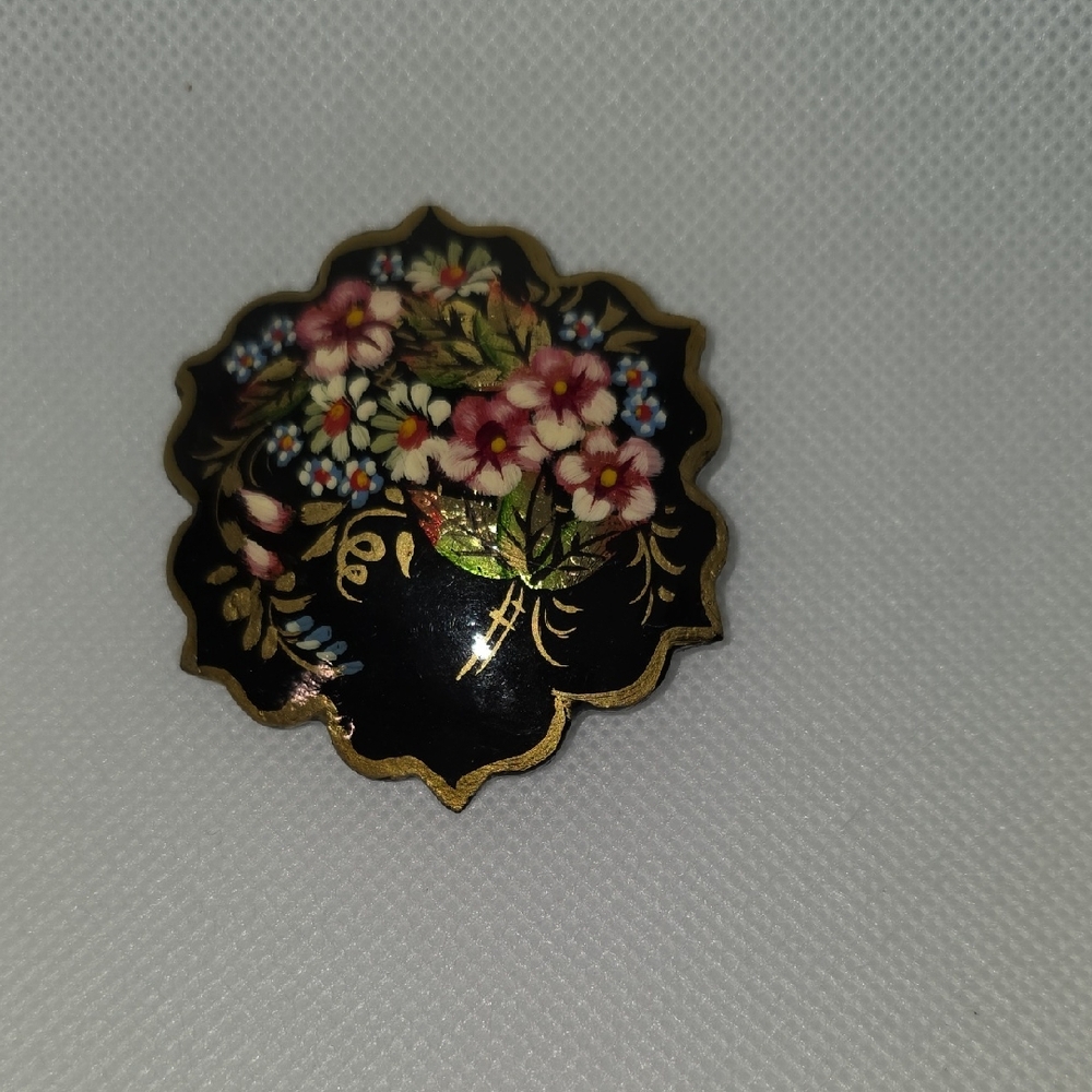 Russian Handpainted Vintage Floral Brooch - Black and Gold